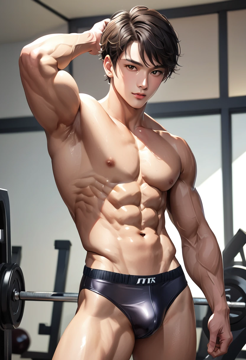 (best quality), Realistic, flexing, 18 year old Japanese idol body builder boy, (abs:1.4), black short hair, shiny skin, (detailed brown eyes:1.1), (smile:0.8), (white tiny thong), bulge, puffy nipples, detailed areola,