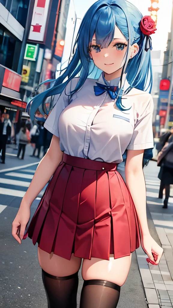 Blue Hair,Medium Hair,(Put a red rose in your hair),Green Eyes,Rose-patterned clothes,17 years old,Black thigh-high socks,smile,Open your mouth, In such a way, in tokyo Shinjuku, Neo Tokyoでは, in tokyo Akihabara, Akihabara style, Shibuya Ward Shibuya Ward, Neo Tokyo, On the streets of Tokyo, Shibuya Ward, Akihabara, In the city of Tokyo, Shinjuku