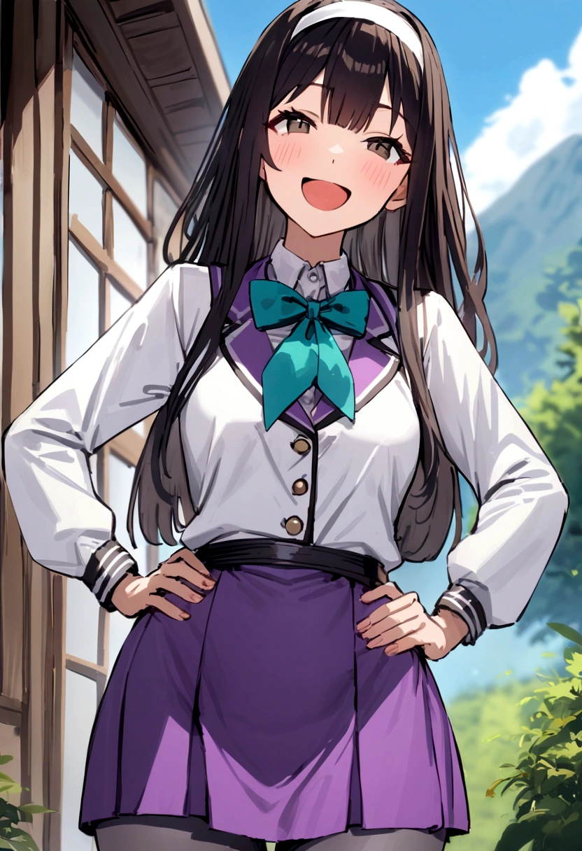 masterpiece, best quality, highres, hmngnm, naganami \(kancolle\), multicolored hair, white hairband, white jacket, purple dress, , grey pantyhose, aqua bowtie, long sleeves, cowboy shot, outdoors standing, hand on hip, smile, open mouth,