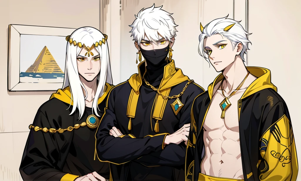 There are 5 Egyptian gods, one of them is intimidating. They have a youthful appearance of , white hair, big yellow eyes, they have golden jewelry, black and yellow clothes.