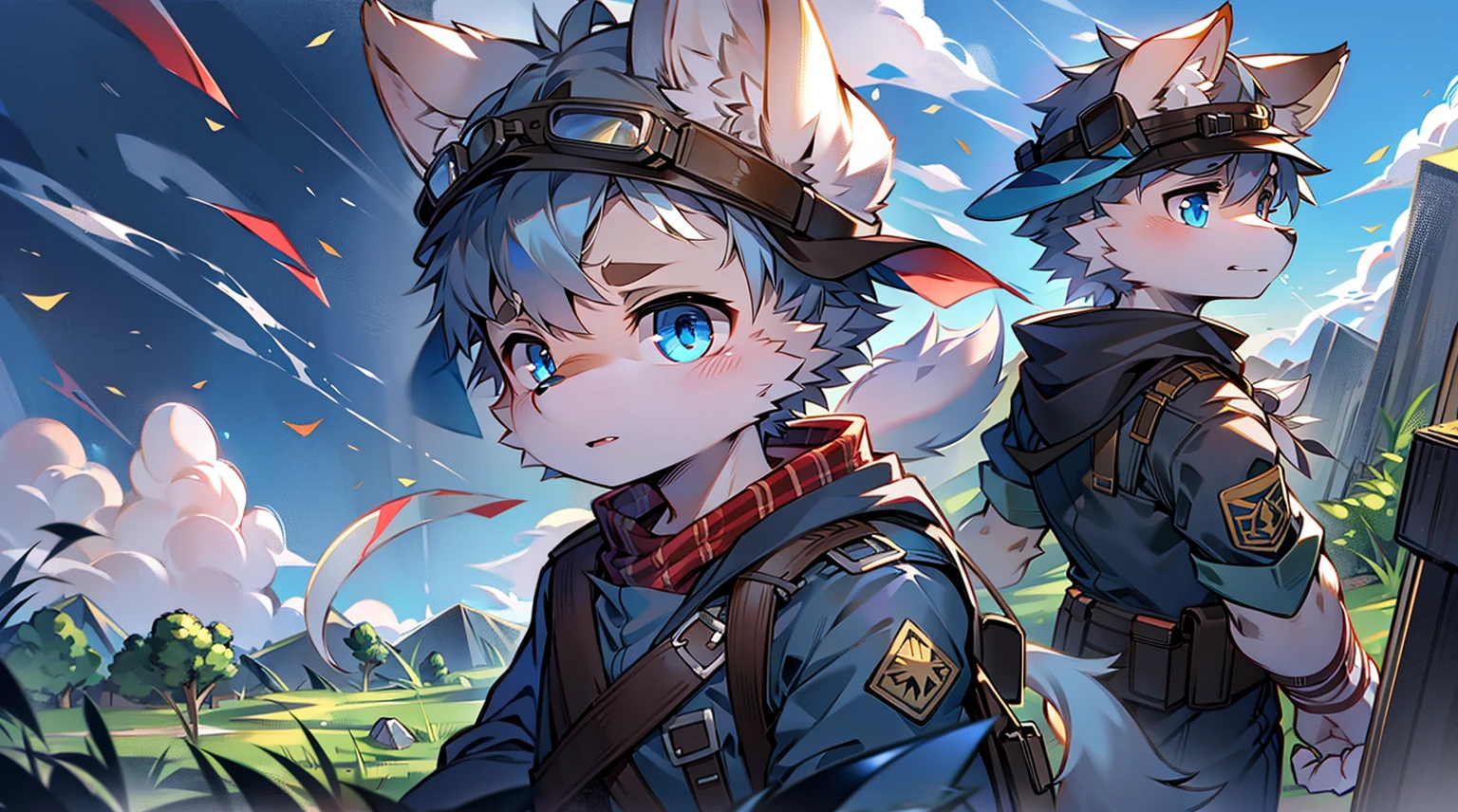 Wolf,Gray fur,Sky blue eyes,German style military uniform,Wear goggles,The only person,The background is a dark battlefield,bust,boy,juvenile