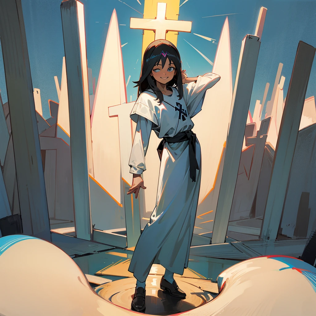 Jesus standing in front off cross turn around and smile