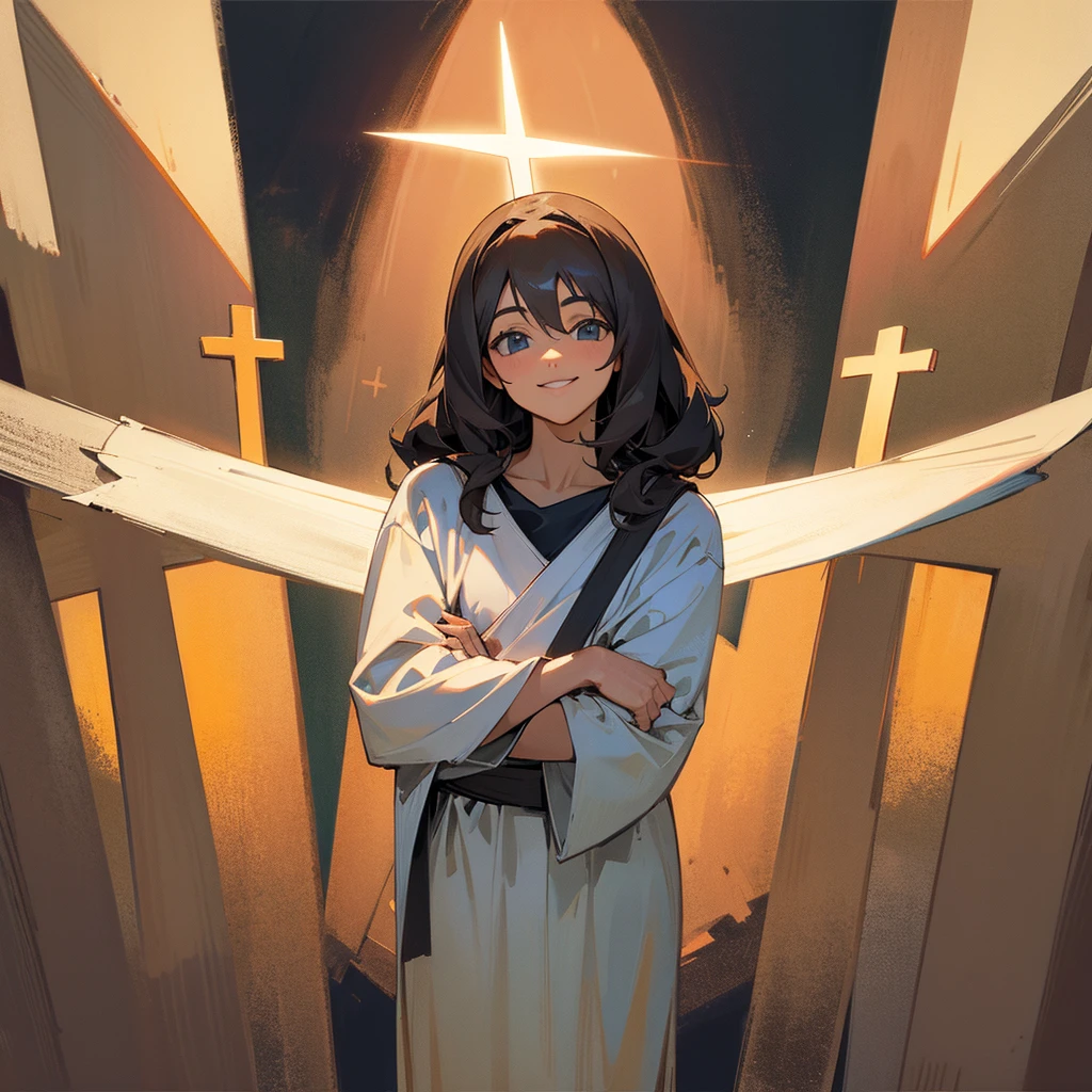 Jesus standing in front off cross turn around and smile
