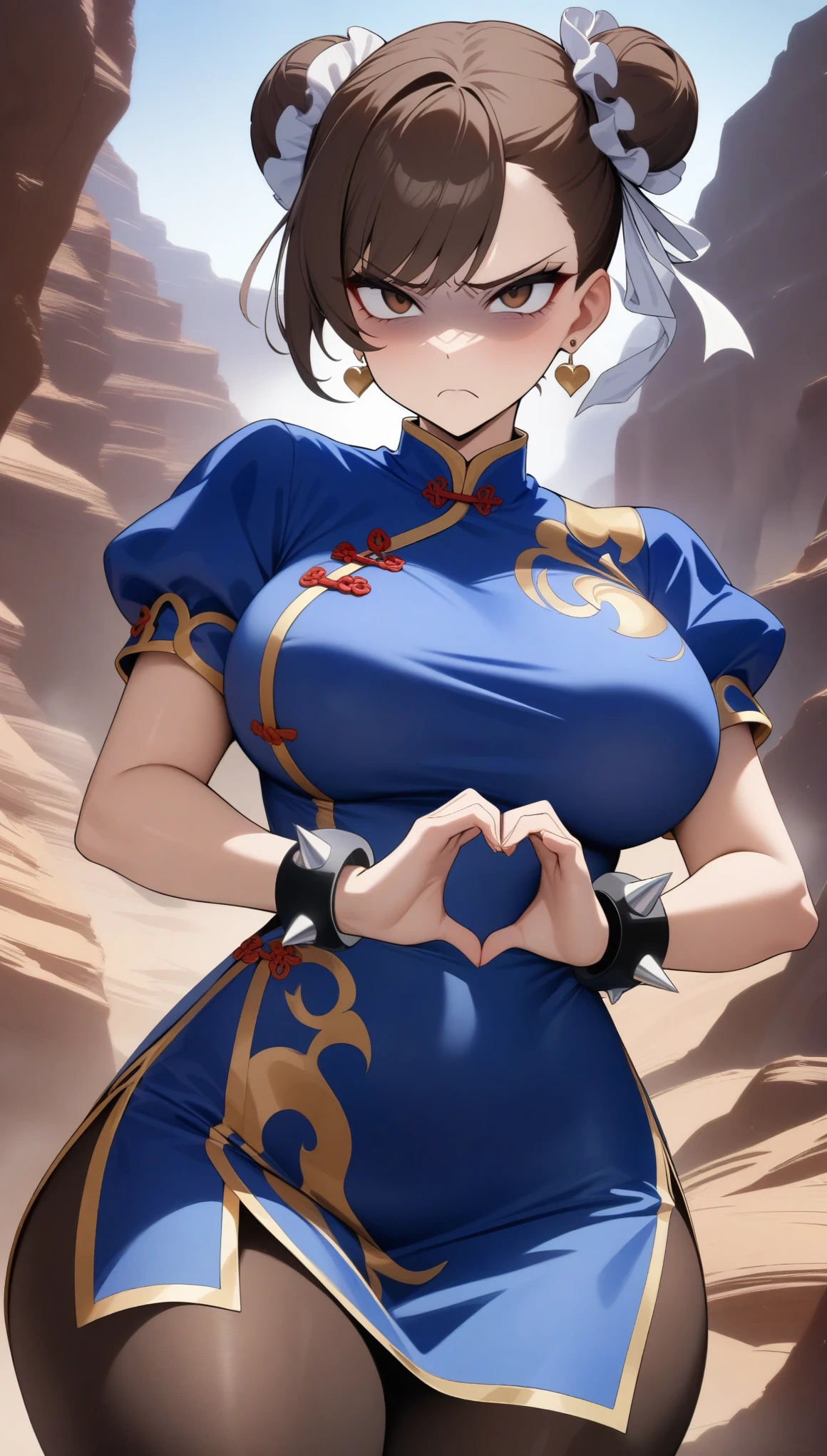 masterpiece, best quality, very aesthetic, absurdres, newest,1girl,upper body, (contempt, disgust,shaded face,looking at viewer,frown),heart-shaped gesture,,Chun_li(street_fighter),1girl,bracelet, brown_eyes, brown_hair, bun_cover, blue china_dress, chinese_clothes, double_bun, dress, earrings, hair_bun, jewelry, pantyhose, puffy_short_sleeves, puffy_sleeves, short_hair, short_sleeves, spiked_bracelet, spikes, swept_bangs, thick_thighs, thighs,large_breasts,in the canyon