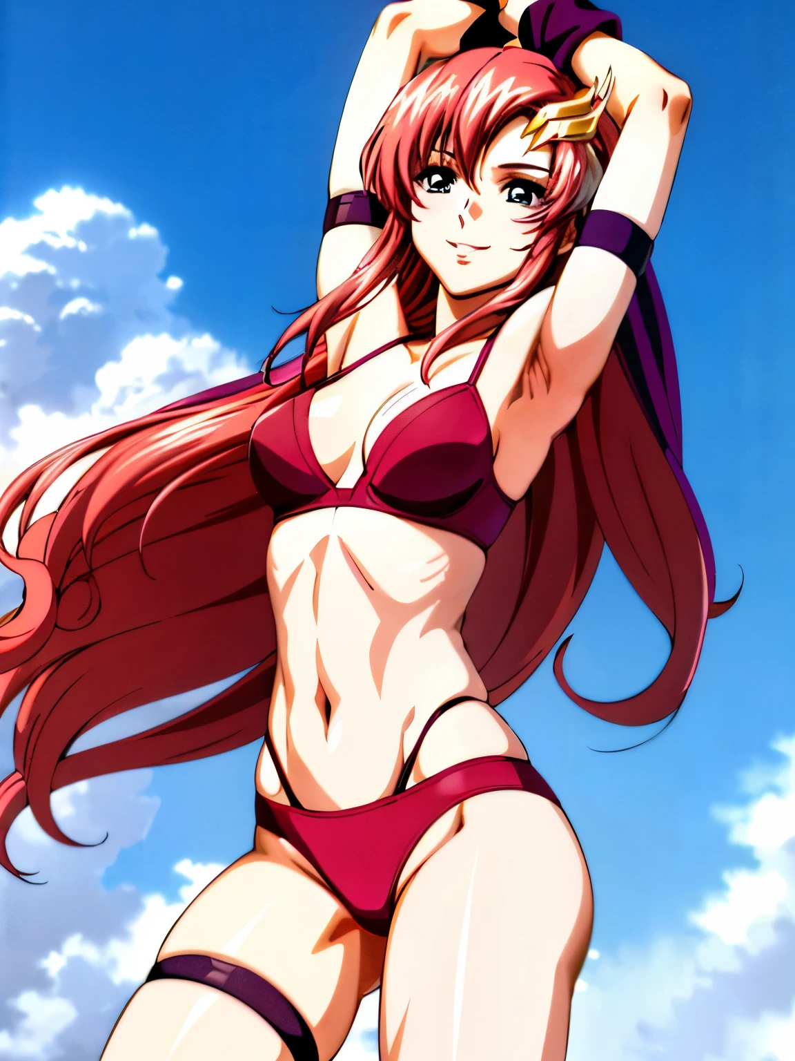 lacus4, (red bikini, running, thong, tall girl, masterpiece, cowboy shot, very slim shoulders, 4K, Best Quality, Anime style: 1.9, happy, Adult Woman, (ultra detailed head), (Crowd, cloud background), Drawing lines, high resolution, lacus4), 1girl, Solo, curvy figure, clavicle, scapular, (Detailed wide hair bangs, very long hair, Hair Ornament, Detailed reddish-pink hair, shiny streaks, slim arms, detailed golden crest), cleavage, large hands, (hair cover shoulders). (Big blue eyes, shiny eyes), ((female wrestler, (slim body), slim arms, thighs)), ((perfect proportions, medium-small breasts, medium thighs, long belly)), ((totally red bra, leg strap)), smile with a wink, (standing, hot colors), detailed fingers, (bare shoulder, stretching, one arm up, looking away)
