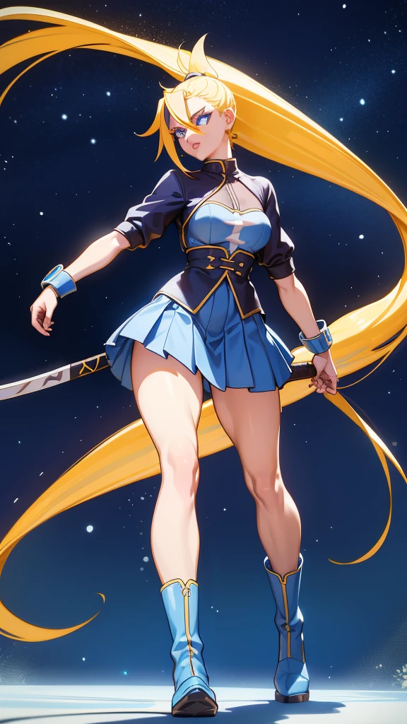 1 girl, ultra long hair, ultra detailed face, glowing lips, glowing blue eyes, very long ponytail, elegant walk, catwalk, holding down a  giant katana, blonde, long eyelashes, long boots , looking to the sky, starry sky, a ultra giant katana 