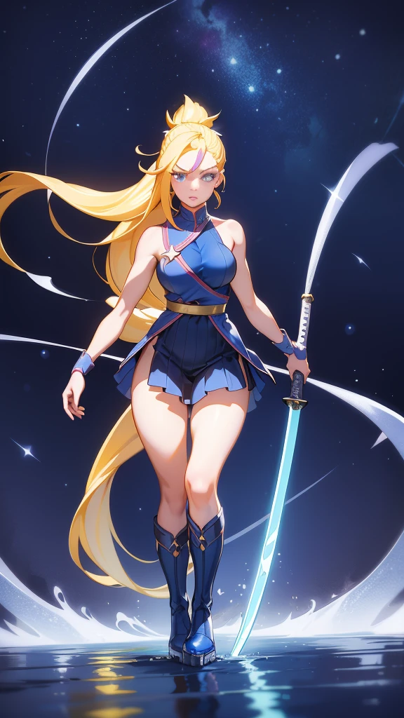 1 girl, ultra long hair, ultra detailed face, glowing lips, glowing blue eyes, very long ponytail, elegant walk, catwalk, holding down a  giant katana, blonde, long eyelashes, long boots , looking to the sky, starry sky, a ultra giant katana 