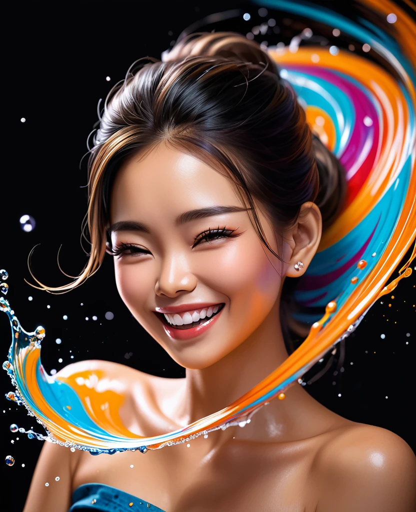 A realistic image of a smiling Thai woman splashing colors that swirl in circles like Jupiter.. Gorgeous colors,Dark black background