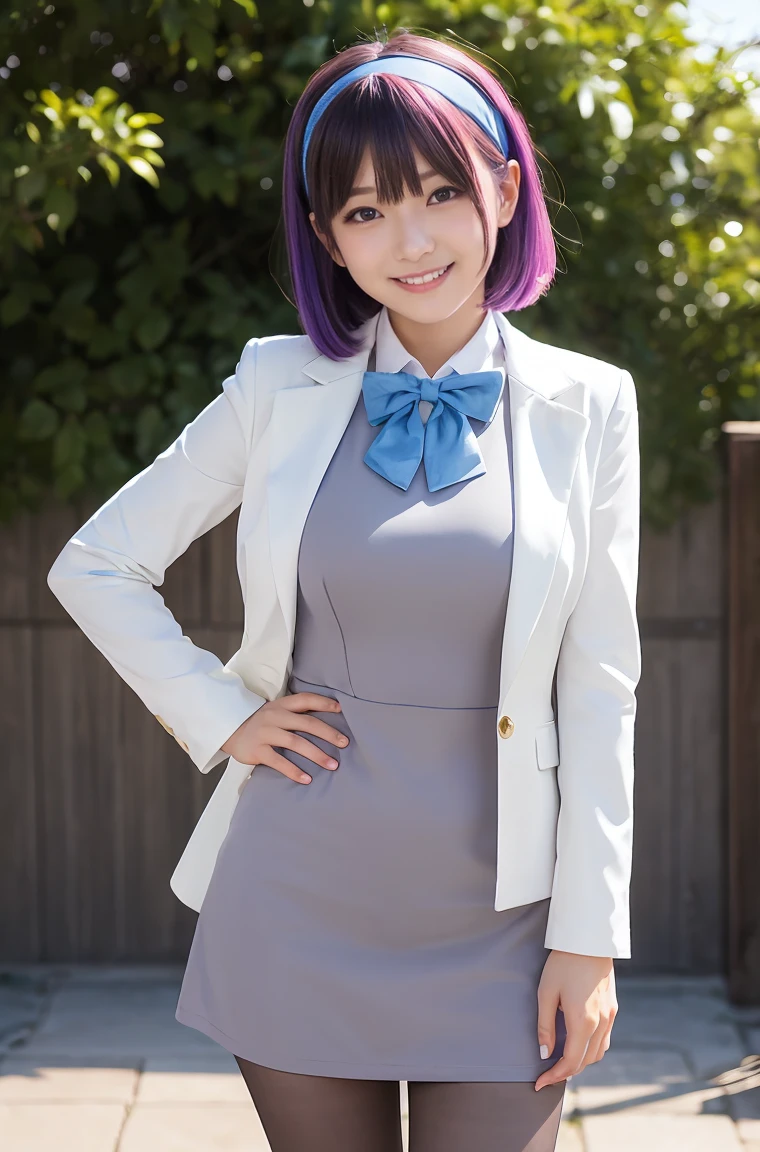 masterpiece, best quality, highres, hmngnm, naganami \(kancolle\), multicolored hair, white hairband, white jacket, purple dress, , grey pantyhose, aqua bowtie, long sleeves, cowboy shot, outdoors standing, hand on hip, smile, open mouth,