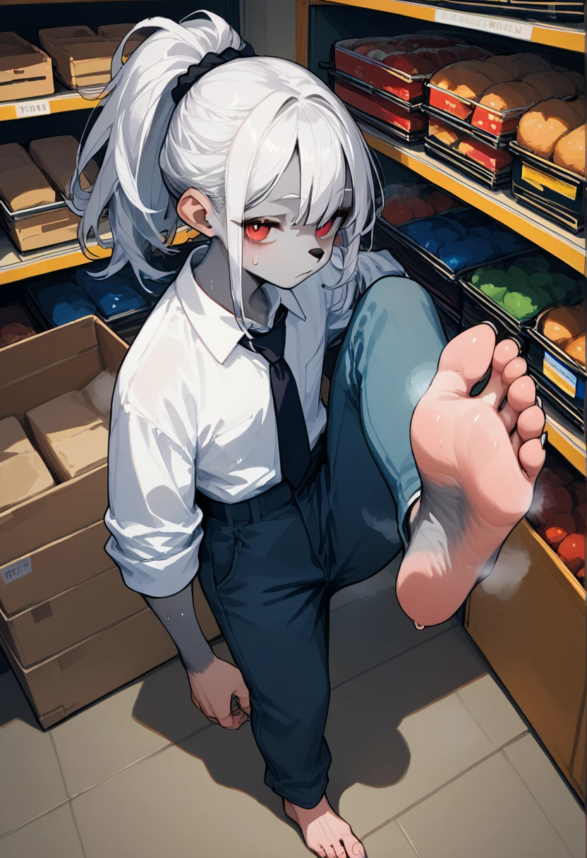 score_9,score_8_up,score_7_up,score_6_up,score_5_up, source_anime, source_furry, furry male, furry, tall, anthro, rat, anthro_rat, grey fur, red eyes, white hair, dreadlocks, ponytail, paw_sloe,sharp_toenails, long toenails, claws, barefoot, plantigrade, 5 toes, (standing and show foot,standing and toe-point,toe-point,from above,standing,foot focus,leg up,fish eye,standing on one leg), store storeroom, fitted black dress shirt, rolled up sleeves, fitted white jeans,steaming and sweat foot
