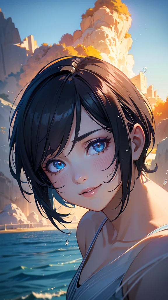 a smiling high school girl in an orange uniform, black bob hair, beautiful detailed eyes, beautiful detailed lips, extremely detailed eyes and face, longeyeslashes, against a blue sky and sea with water splash and sparkling water droplets, (best quality,4k,8k,highres,masterpiece:1.2),ultra-detailed,(realistic,photorealistic,photo-realistic:1.37),fantasy atmosphere, summer,vibrant colors,dramatic lighting,volumetric lighting,cinematic composition
