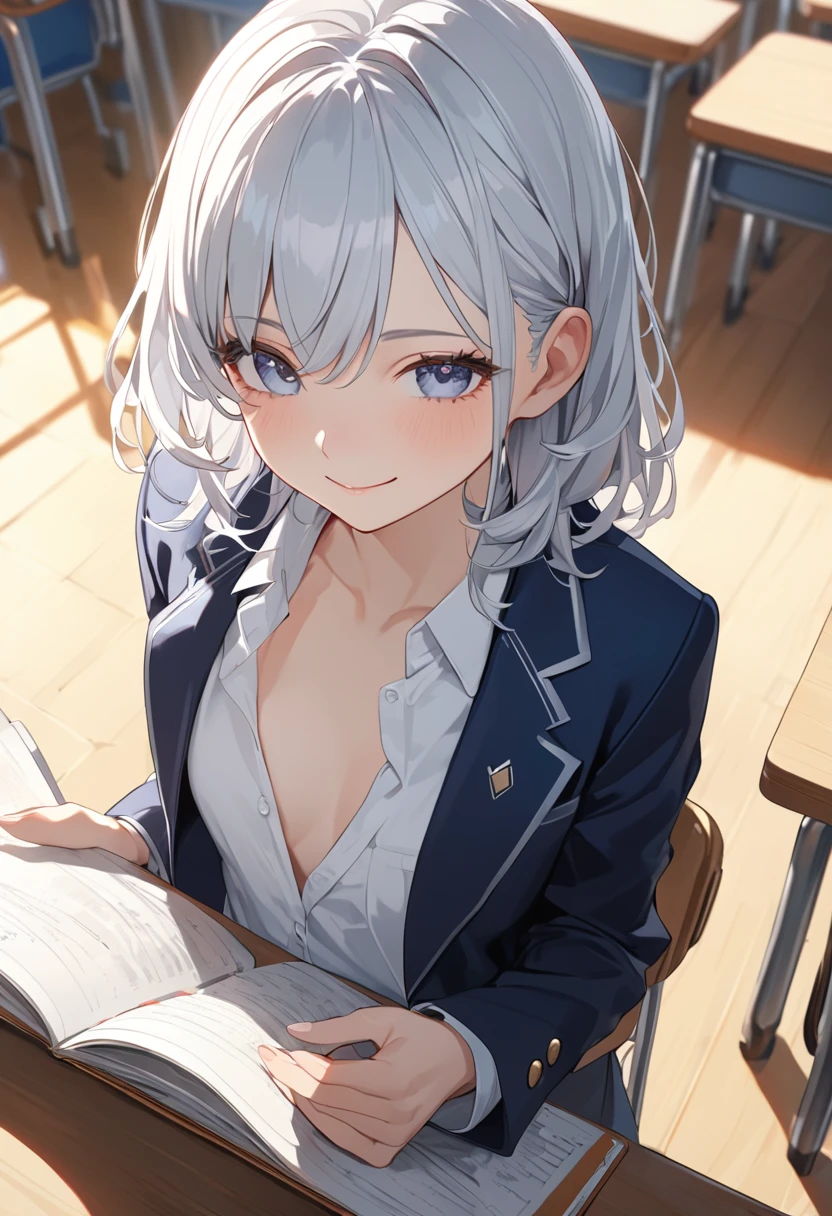 8k, highest quality, masterpiece, Wallpapers by Unity 8k, (One Girl) , 、 Perfect detail, (Best lighting) , (非常にComplexディテール)、 1girl, Silver Hair、Round eyes、Very detailed, Complex、Flat Chest、 from above, smile、High 、blazer、White shirt、Cleavage、Close-up、School classroom
