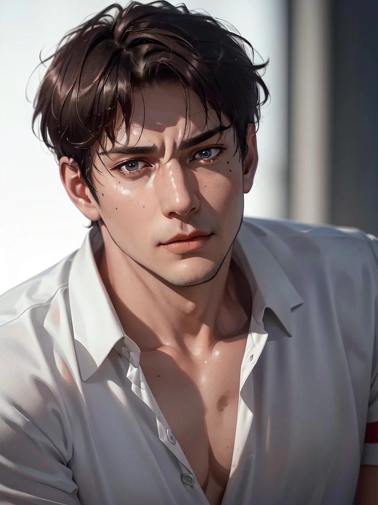 a 40 year old man (red short hair:1.0), grey eyes, moles all over the face, wearing an official uniform, masculinity, teacher, (best quality,4k,8k,highres,masterpiece:1.2),ultra-detailed,(realistic,photorealistic,photo-realistic:1.37),cinematic lighting,highly detailed face and body,sharp focus,vivid colors,anime style