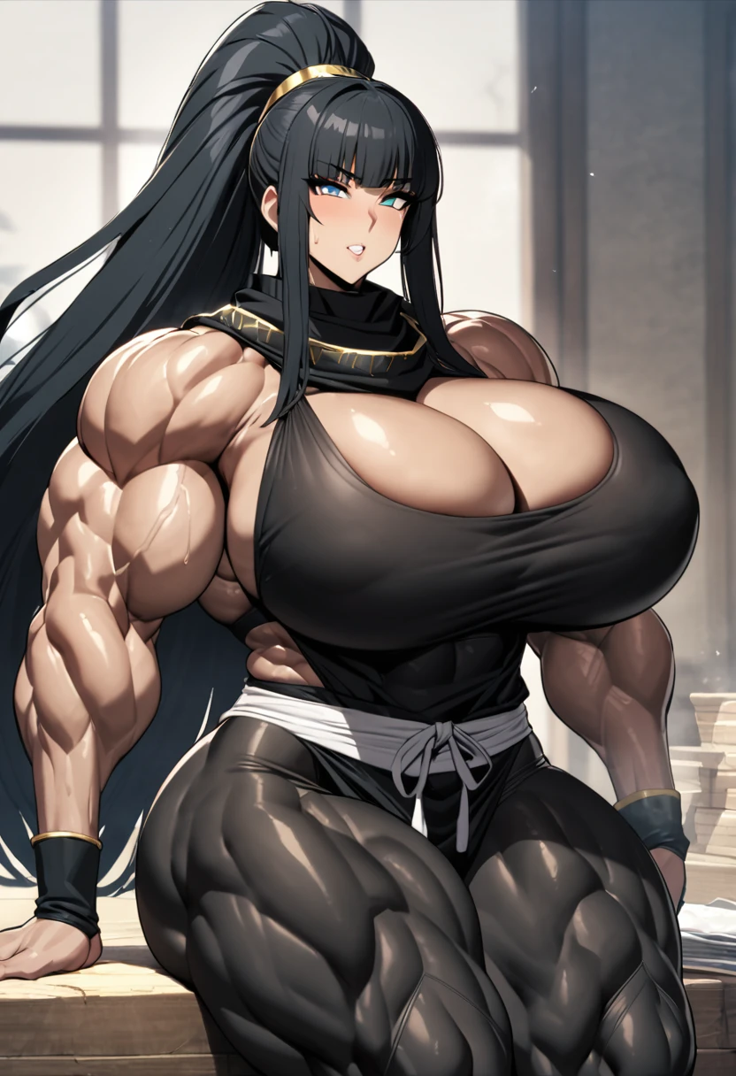 Cleopatra with extreme muscular body, gigantic muscular arms, gigantic muscular tights, ninja outfit, fair skin, black hair with ponytail and gigantic breasts.