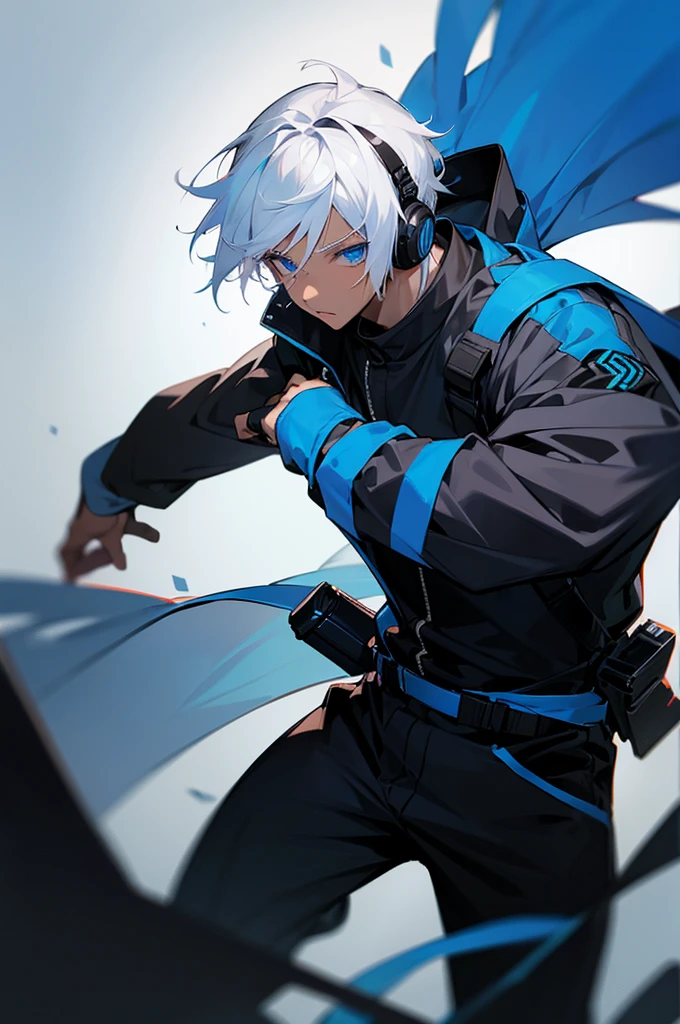 Young adult, Male, white hair, blue Eyes, African American skin color, black jumpsuit, headphones, Armed.