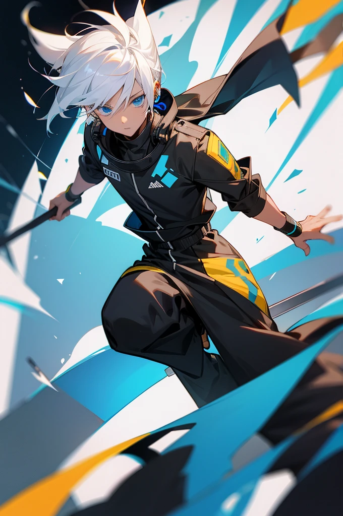 Young adult, Male, white hair, blue Eyes, African American skin color, black jumpsuit, headphones, Armed.