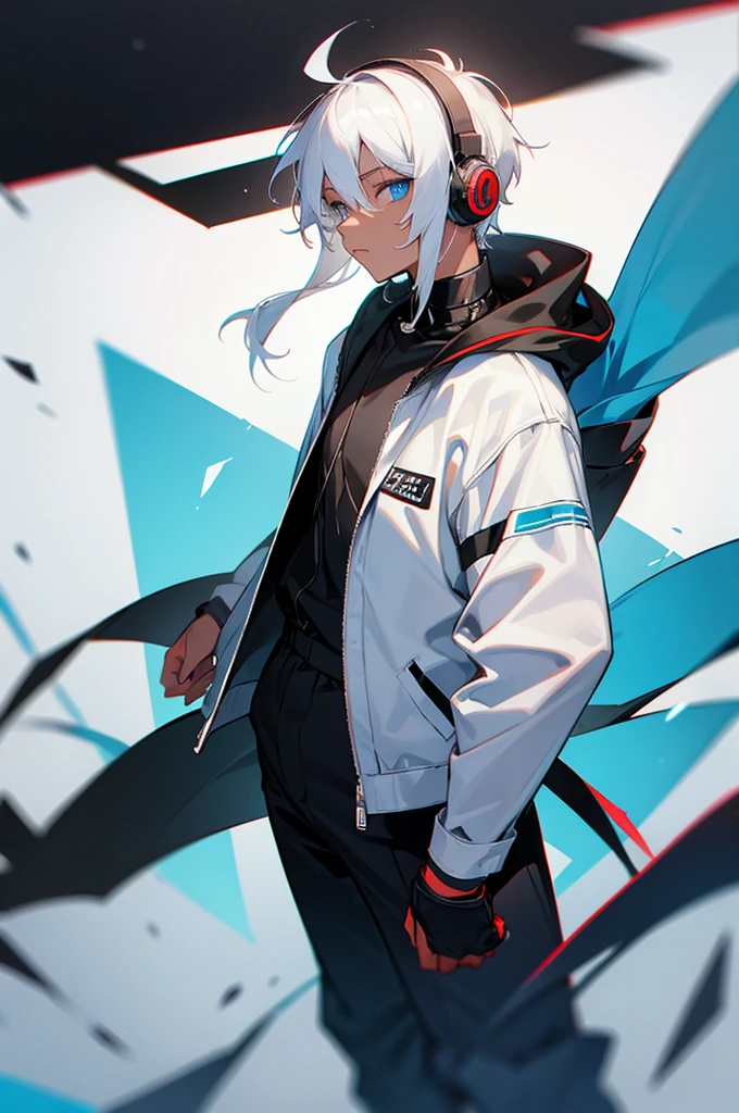 Young adult, Male, white hair, blue Eyes, African American skin color, black jumpsuit, headphones, Armed.