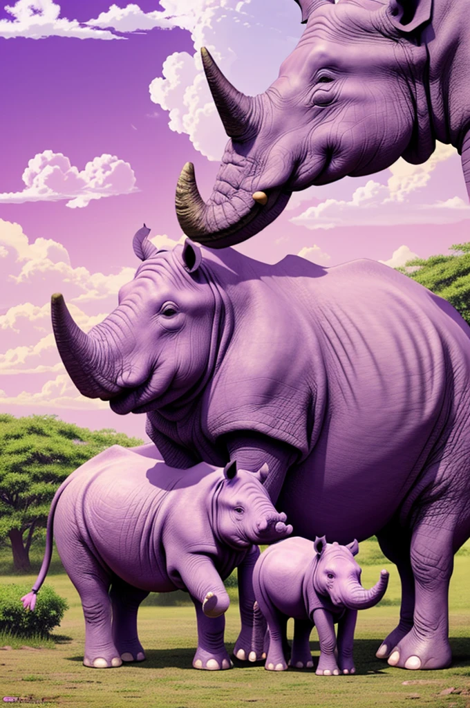 Create an anime style chubby purple hippo, and white cute rhino and a big pink elephant with cute little tusks traveling together