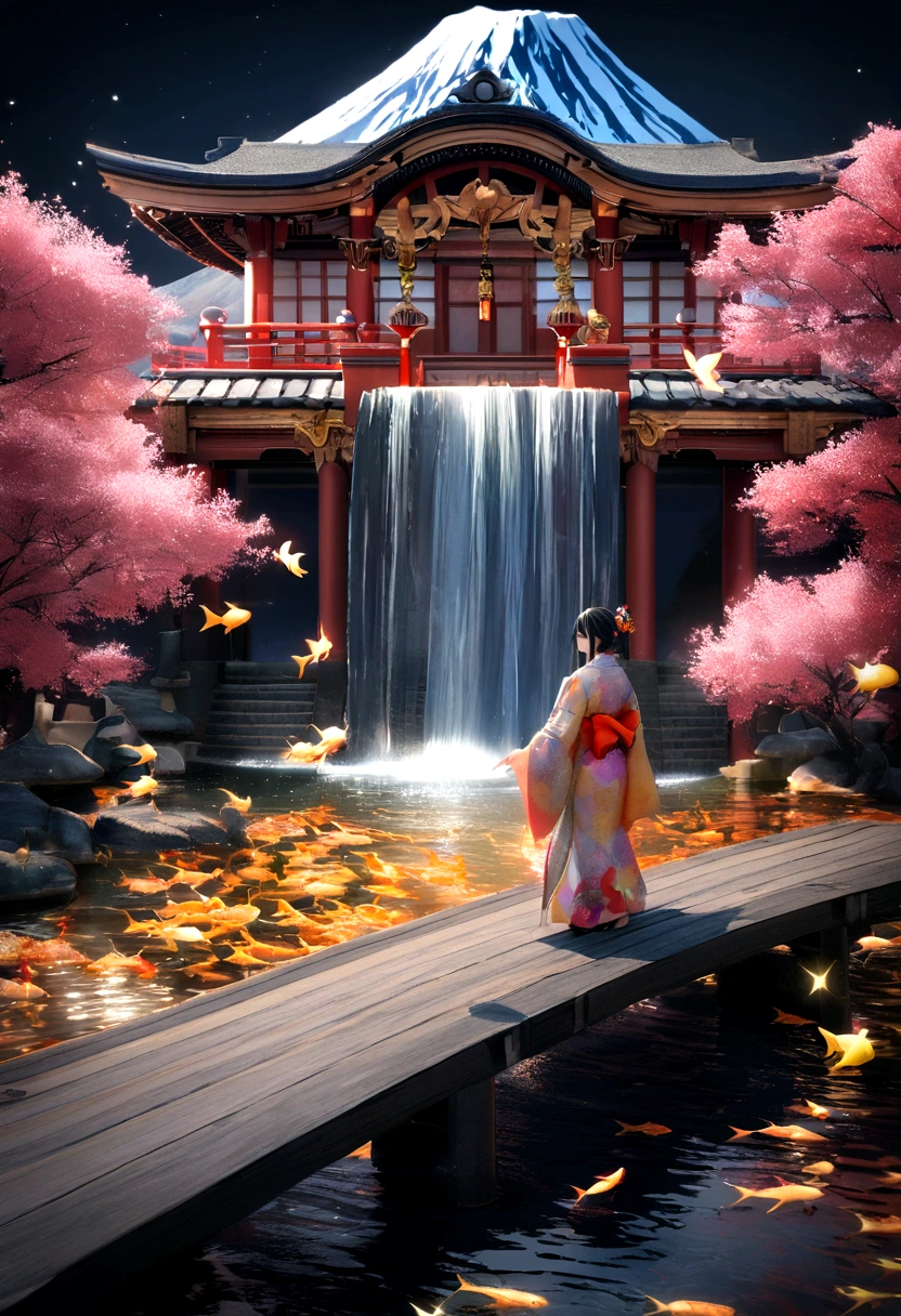 Beautiful Japanese woman in a colorful kimono. Standing on a bridge over a clear blue waterfall Feeding the fish, there was a pair of golden swans and koi fish around. The waterfall leads to a wider pool. There is a Japanese pavilion, cherry trees, and Mount Fuji in the background. The picture has a dark background and contrasts with the black background. Digital art fantasy 3d Sparkle gold glitter