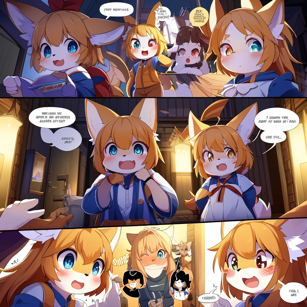 top quality, best quality, highres, masterpiece, super high resolution, detailed background, boys, girls, absurdres(highly detailed beautiful face and eyes)perfect anatomy, good lighting, cinematic shadow(kemono, furry anthro)assorted expressions, assorted poses, assorted angles, full body, upper shot, dynamic angle,(girls comic-like panel layouts, speech balloon, English text, Hand-drawn sound effects stickers used in girls comic), Running From The Ghosts, Haunted House, Very Very Cute Comic