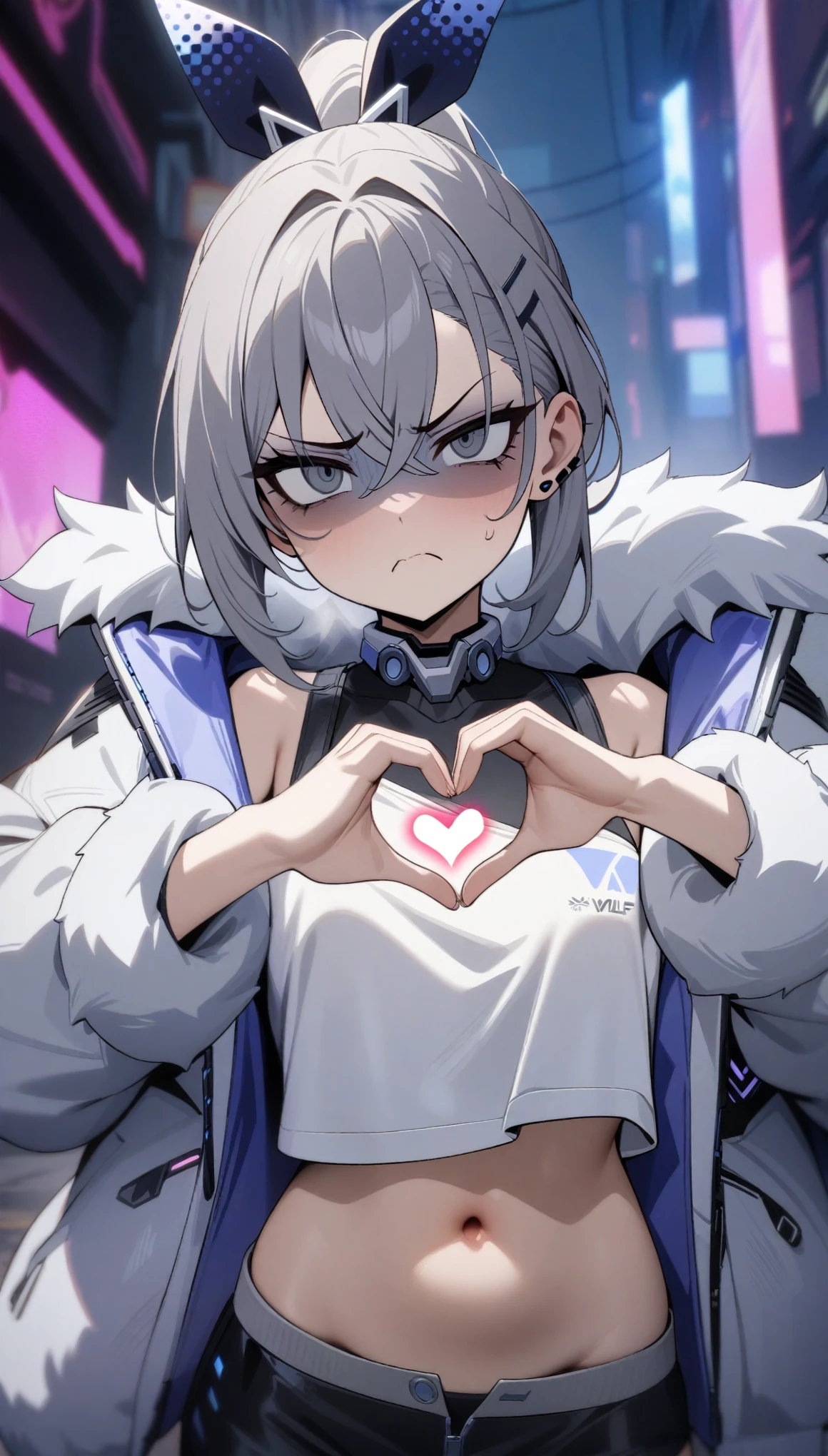 masterpiece, best quality, very aesthetic, absurdres, newest,1girl,upper body, (contempt, disgust,shaded face,looking at viewer,frown),heart-shaped gesture,,silver wolf, gray eyes, high ponytail, cyberpunk, white top, open belly, shorts, fur coat,in street