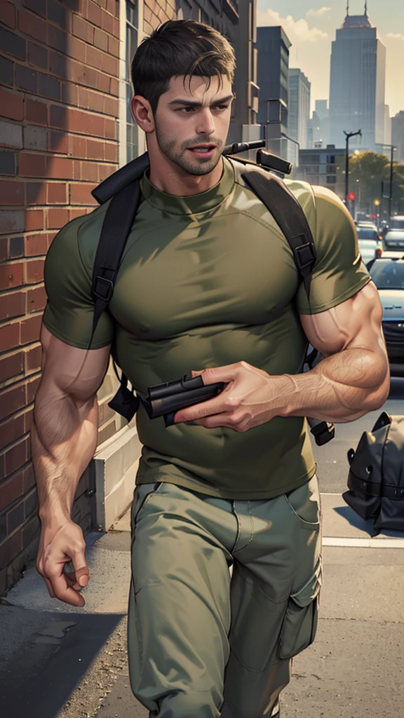 (Create a masterpiece: 1.2),(CGI art:1.3),(realistic:1.5),(After processing:1.3),(Sharp focus:1.3), man holding a gun , (gun:1.5) , straight, front ,Chris Redfield ,(black hair), smile open mouth, (Wear color olive green round neck T-shirt: 1.5), (with a Police badge: 1.2), olive green cargo, Korean guy , korean men, (High gloss details), chest muscles, large arm muscles, blood vessel, Big muscles, Broad shoulders, looking at the audience, Balancing the eyes, middle of the road , (Carrying a black backpack: 1.3) ,walk to camera ,(Run and fight:1.6)