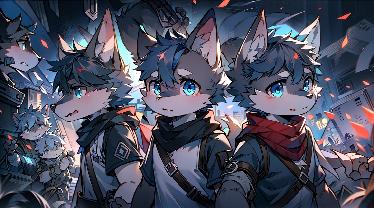 Wolf,juvenile,male,Gray-black fur,Sky blue eyes,Black combat uniform,scarf,Holding a long sword,scabbard,Draw the sword,permanent,The only one,dawn,illumination,Break,bust