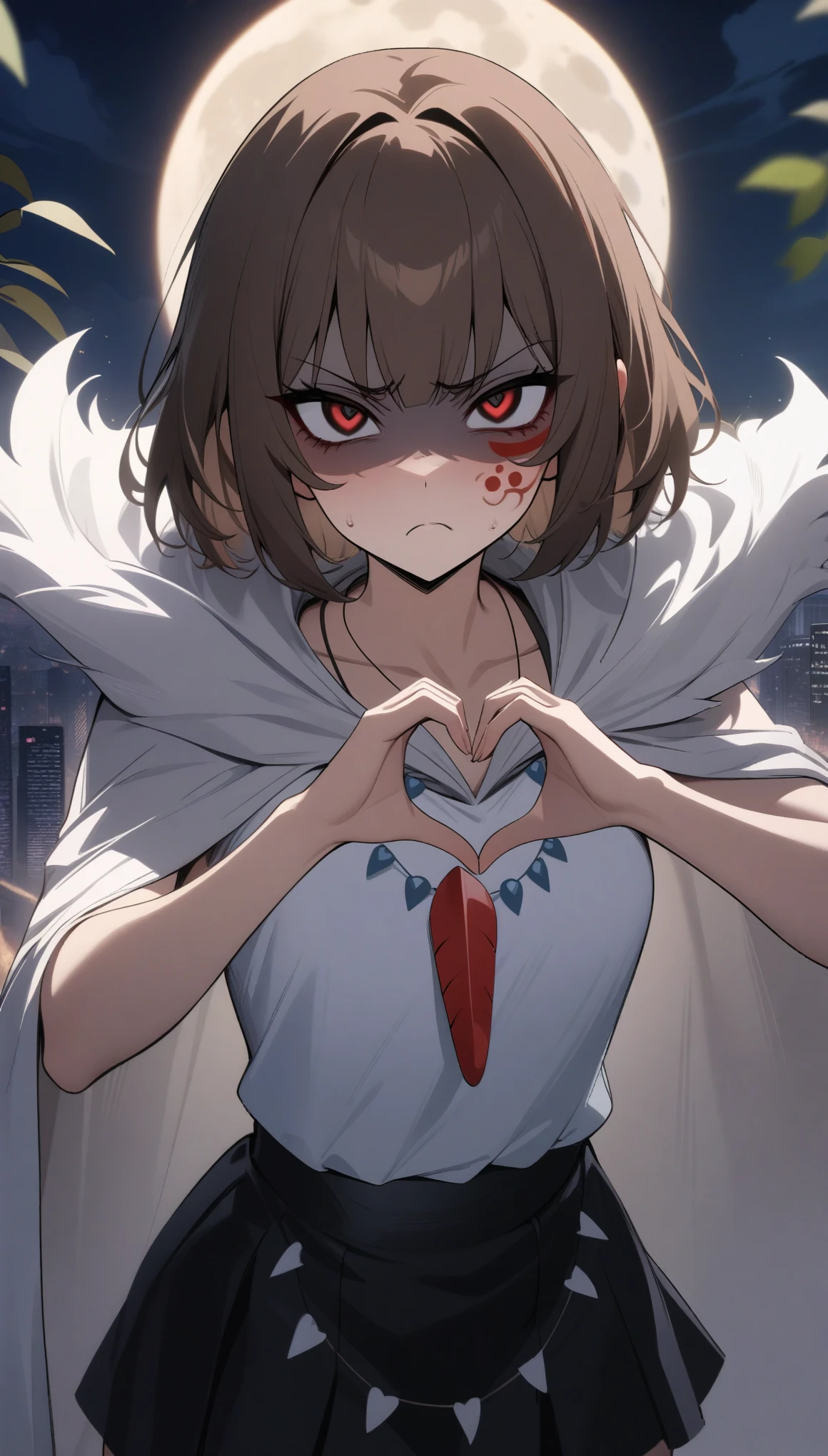 masterpiece, best quality, very aesthetic, absurdres, newest,1girl,upper body, (contempt, disgust,shaded face,looking at viewer,frown),heart-shaped gesture,,san_(mononoke_hime),mononoke_hime, brown_hair,short_hair, red facepaint, tooth_necklace, ,white fur_cape, white top,black short skirt,,cityscape, leaf, moon, night, night_sky, outdoors, sky, skyscraper,