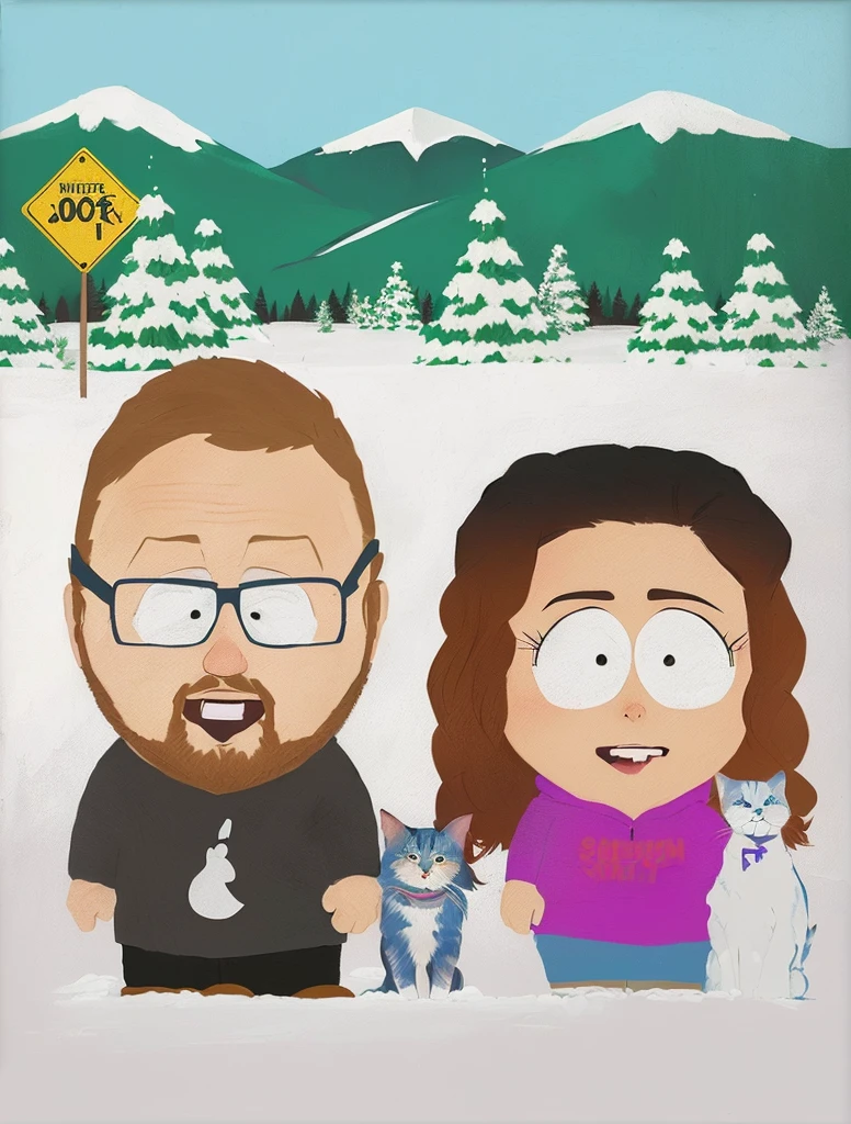 A man and a woman with a dog and a cat, styled like South Park, couple portrait, promotional artwork, only snow in the background, Mike Gage art style, medium portrait, cartoon style