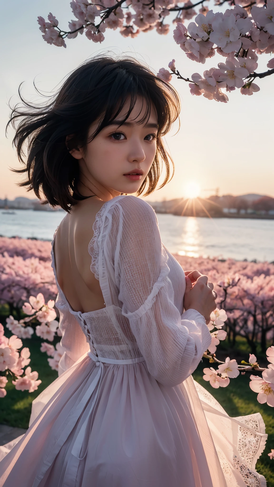 (logo、masterpiece、8k、Tabletop、RAW Photos、wonderful、最high quality、Photorealistic and Very detailed CG integrated 8k wallpaper、high quality、Very detailed、Narrative poem、Particle Effects、Dynamic Effects、Written boundary depth、Cinematic Light、Lens flare、Ray Tracing)、Fantasy、 (One beautiful woman、dress、dress、Cherry blossom pattern、Black-haired、Beautiful Face、True Face、Beautiful details、eye、Beautiful Skin)、My hair dances in the wind、Hair flutters in Wind、Hair bounces、Pink cherry blossom tree、Petals fluttering、SakuraFubuki、wonderful scenery、sunrise、Sun in the background、Wind