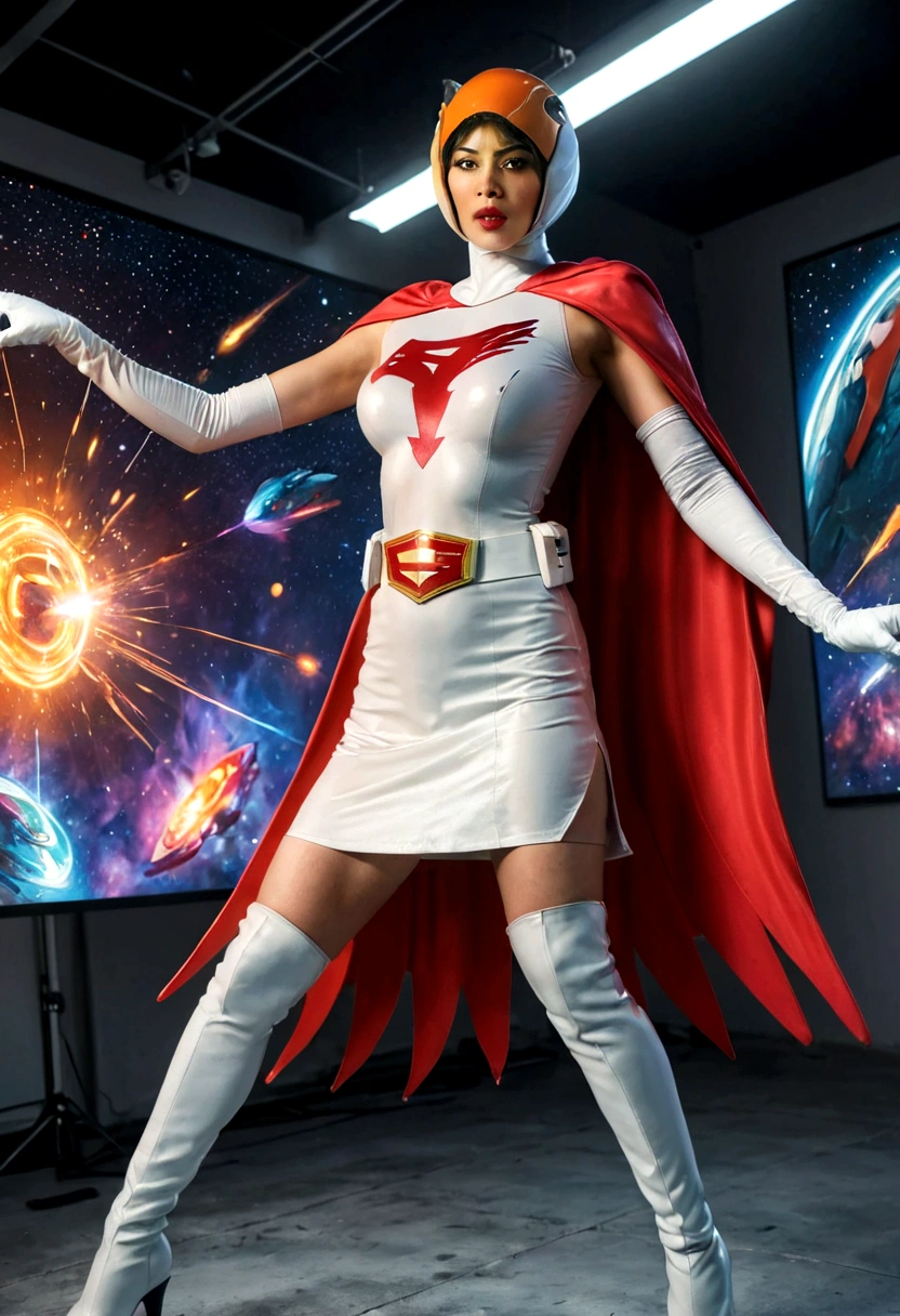 A girl in Gatchaman costume, long boots, long gloves, kicking enemies, detailed face, H3JTS, giga_busty, best quality, 4k, 8k, highres, masterpiece:1.2, ultra-detailed, realistic, photorealistic, photo-realistic:1.37, HDR, UHD, studio lighting, ultra-fine painting, sharp focus, physically-based rendering, extreme detail description, professional, vivid colors, bokeh, concept art