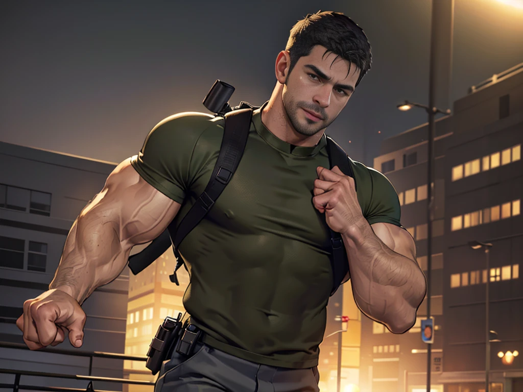 (Create a masterpiece: 1.2),(CGI art:1.3),(realistic:1.5),(After processing:1.3),(Sharp focus:1.3),1 man ,sunglass, straight, front ,Chris Redfield ,(black hair), smile open mouth, (Wear color olive green round neck T-shirt with a Police badge: 1.2), olive green cargo, Korean guy , korean men, (High gloss details), chest muscles, large arm muscles, blood vessel, Big muscles, Broad shoulders, looking at the audience, Balancing the eyes, middle of the road , (Carrying a black backpack: 1.3),(Run and fight:1.6)