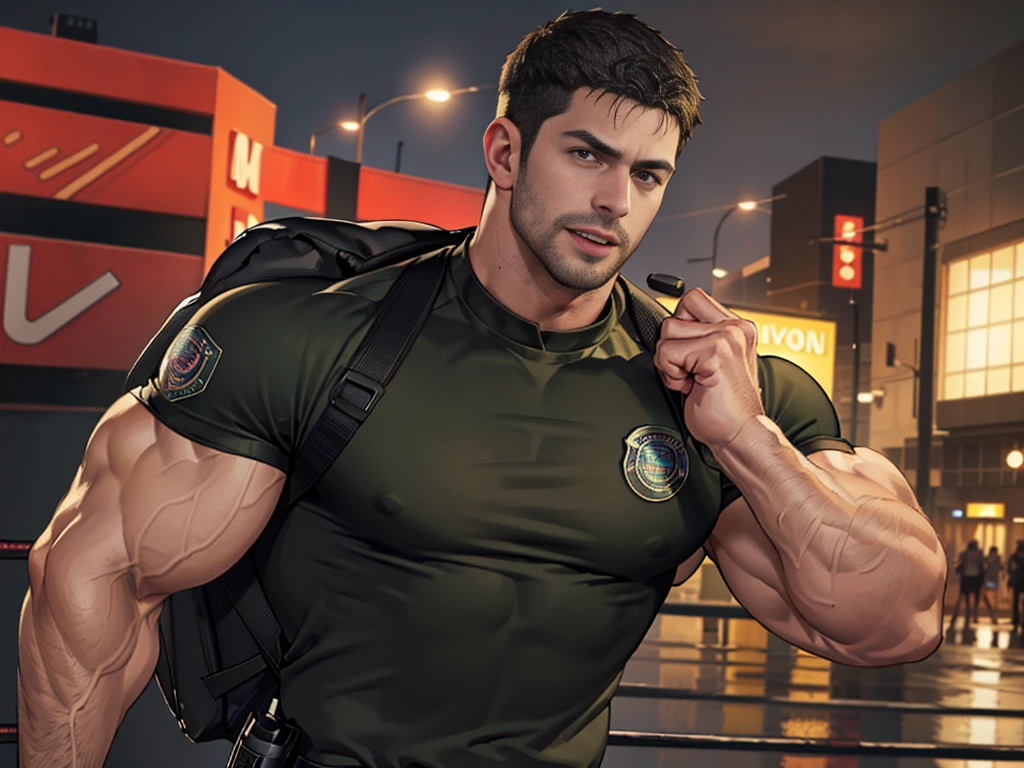 (Create a masterpiece: 1.2),(CGI art:1.3),(realistic:1.5),(After processing:1.3),(Sharp focus:1.3),1 man ,sunglass, straight, front ,Chris Redfield ,(black hair), smile open mouth, (Wear color olive green round neck T-shirt with a Police badge: 1.2), olive green cargo, Korean guy , korean men, (High gloss details), chest muscles, large arm muscles, blood vessel, Big muscles, Broad shoulders, looking at the audience, Balancing the eyes, middle of the road , (Carrying a black backpack: 1.3),(Run and fight:1.6)