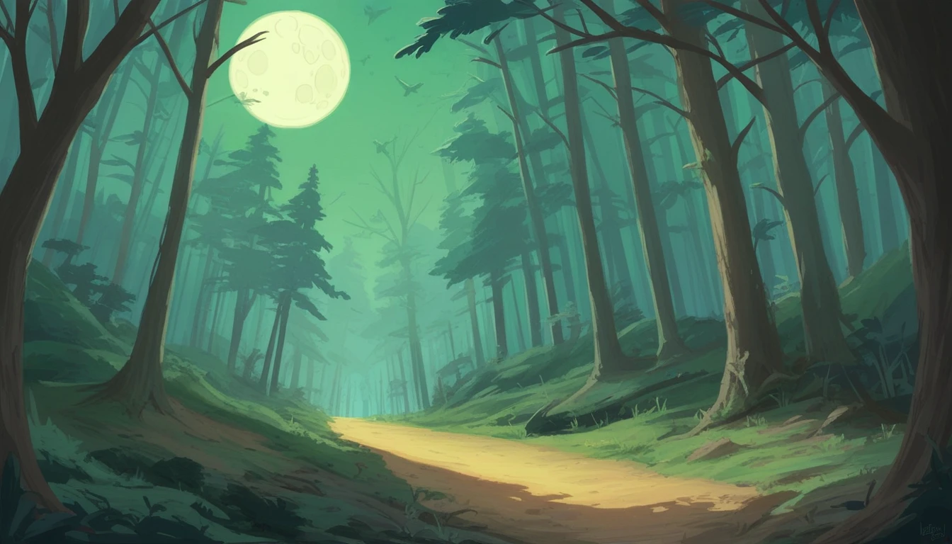 
painting of a forest with a full moon and a path, digital art inspired by Cyril Rolando, tumblr, digital art, background artwork, moonlit forest, forest and moon, moonlit forest environment, an image of a moonlit forest, the glow of the moonlight, moonlit night, walking towards the full moon, beautiful moonlight night, quiet forest night scene