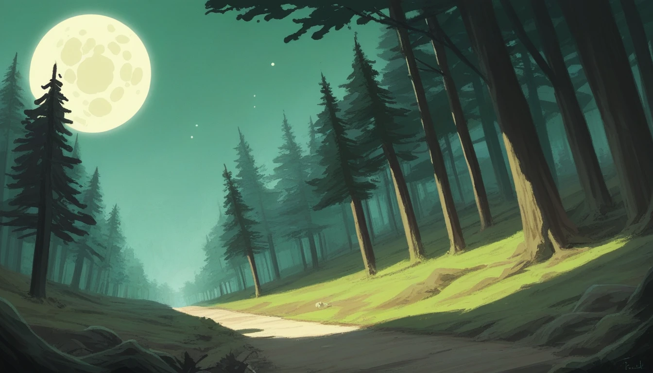 painting of a forest with a full moon and a path, digital art inspired by Cyril Rolando, tumblr, digital art, background artwork, moonlit forest, forest and moon, moonlit forest environment, an image of a moonlit forest, the glow of the moonlight, moonlit night, walking towards the full moon, beautiful moonlight night, quiet forest night scene