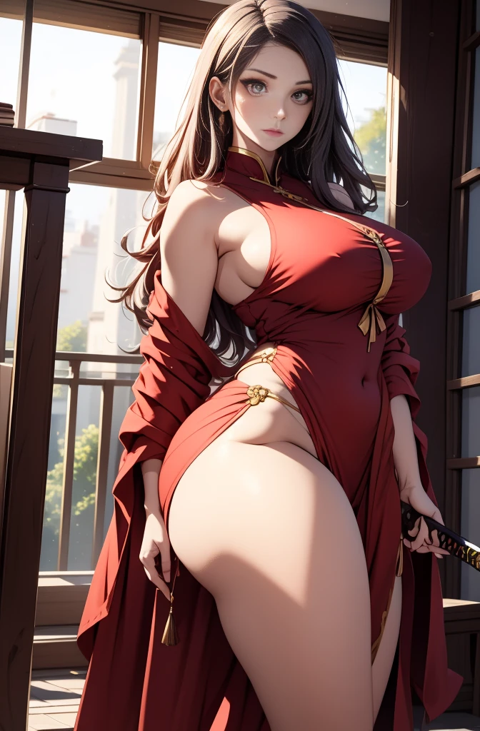 highschool student, female, , sexy body, voluptuous figure, tightsuit, red hair, red decolored hair, alone, samurai class, persona 5 style, human, beautifull face, long hair, defined body, red and bright eyes, thick legs, strong legs, tall, Voluptuous legs, black robes, huge ass, big hip, big ass, black and red robes, tall girl, magic powers, expert with katana,