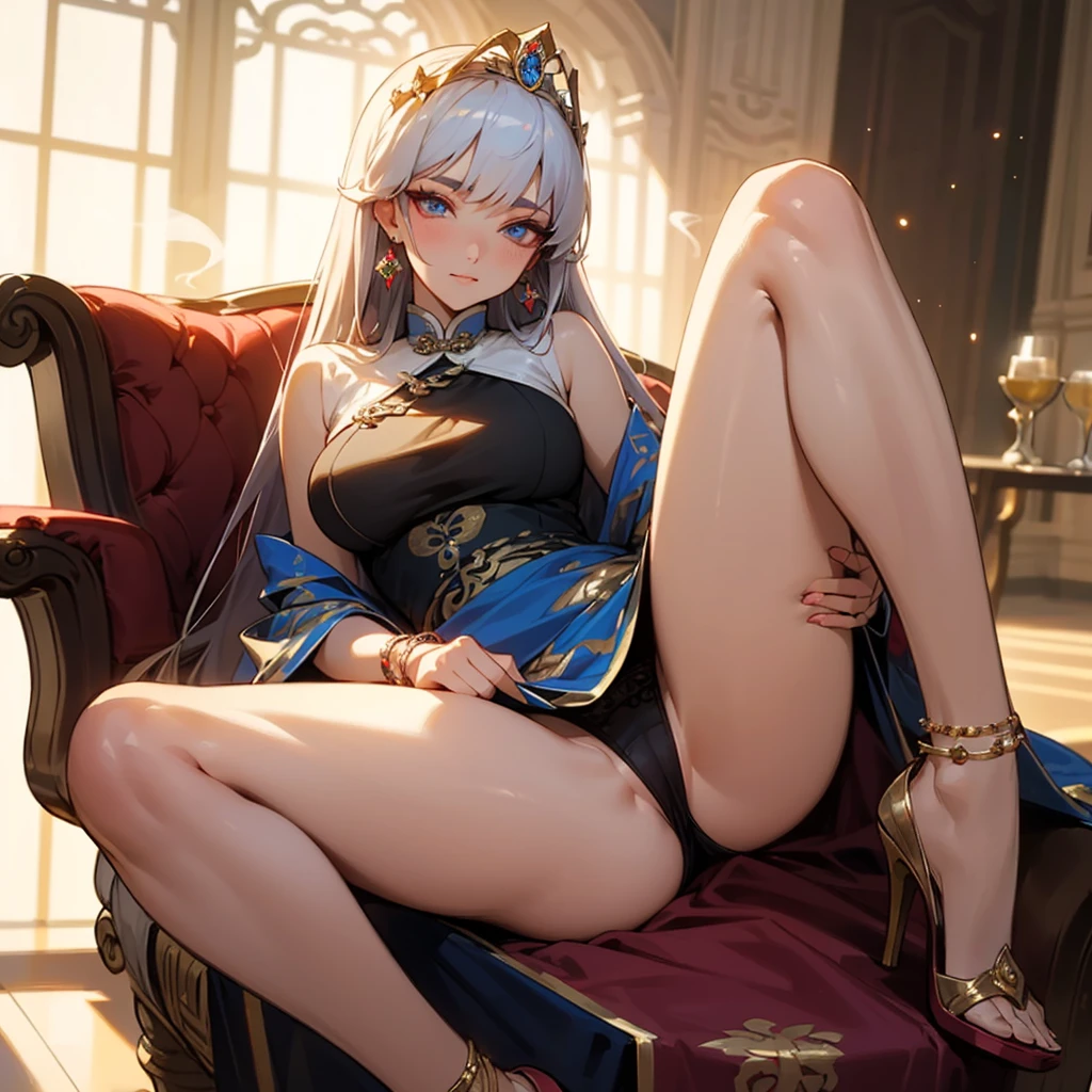 ((8K, masterpiece, best quality, ultra detailed, photoreal)), HDR, lens flare, particles, chinese gorgeous royal style, A princess on a throne in a palace, (composition close to her), (perfect anatomy), spread legs, lift up skirt, show off panty, tight short cheongsam, kawaii face, ((detailed smooth legs skin, detailed eyes)), detailed hair, large breasts, many large presence accessaries, stiletto heel, tiara, hair ornaments, earrings, bracelets, anklets, trinkets, smoky makeup, eyeshadow, heavy makeup,