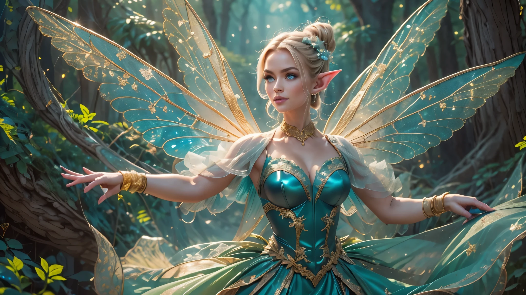 Beautiful faerie woman, elf ears, flying, hovering, floating, centered holographic dragonfly wings, balanced wings, glowing blue eyes, detailed realistic eyes, detailed proportional hand, manicured hands, four fingers on each hand, one thumb on each hand, detailed fingers, proportional fingers, painted fingernails, proportional legs, proportional arms, proportional body, firm breast, smiling, silk tutu, ballet pose, magic glitter, oak tree forest, frank Frazzetta painting style, (Best Quality:1.4), (Ultra-detailed), (extremely detailed CG unified 8k wallpaper), Highly detailed, RAW Photos, Professional Photography, plein air, Illumination, (Super fancy photos:1.4), (Dazzling light), Radiant Photography, depth of fields,