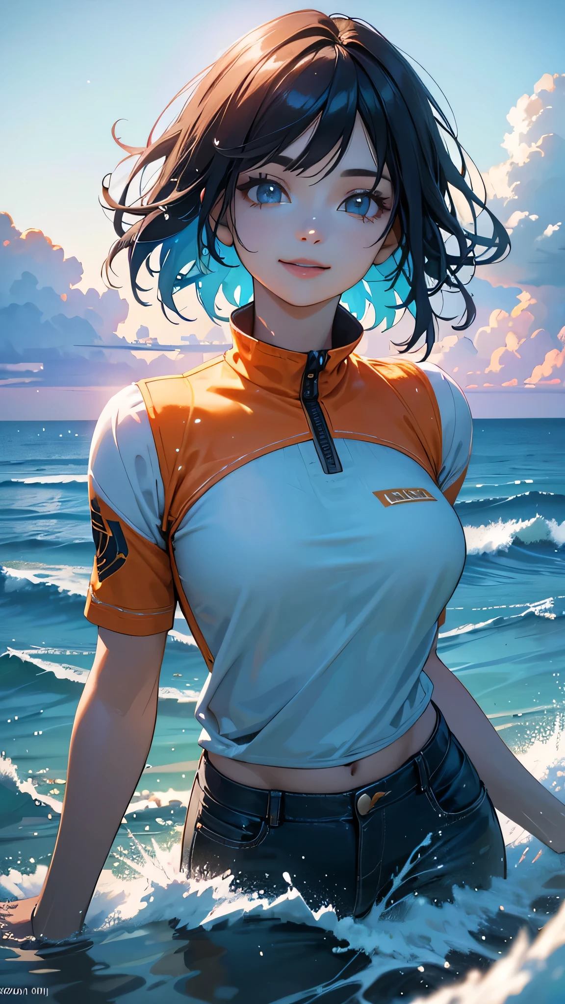 a smiling high school girl in an orange uniform, black bob hair, beautiful detailed eyes, beautiful detailed lips, extremely detailed eyes and face, longeyeslashes, against a blue sky and sea with water splash and sparkling water droplets, (best quality,4k,8k,highres,masterpiece:1.2),ultra-detailed,(realistic,photorealistic,photo-realistic:1.37),fantasy atmosphere, summer,vibrant colors,dramatic lighting,volumetric lighting,cinematic composition