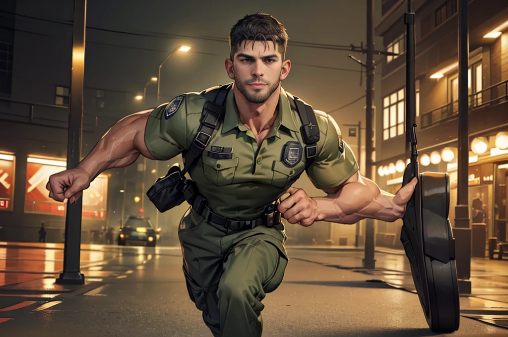 (Create a masterpiece: 1.2),(CGI art:1.3),(realistic:1.5),(After processing:1.3),(Sharp focus:1.3),1 man , straight, front ,Chris Redfield ,(black hair), smile, (Wear color olive green  uniform with a Police badge: 1.2), olive green cargo, Korean guy , korean men, (High gloss details), chest muscles, large arm muscles, blood vessel, Big muscles, Broad shoulders, looking at the audience, Balancing the eyes, middle of the road,(Run and fight:1.6)