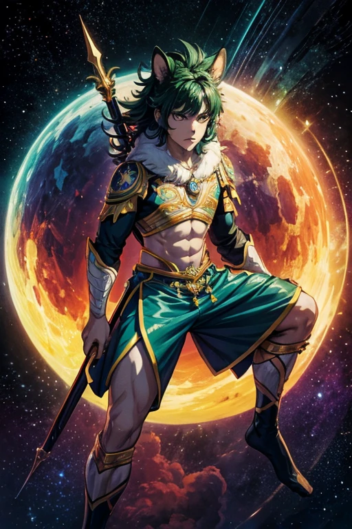 niji mode, a secret agent bear man warrior, full body, human face, with bright delicate tribal punk tattoos and bear ears, using a long spear, a modern and stylish fine suit, vibrant and bright cosmos, hairy young man, with ethereal demeanor and devilish, his features bathed in the lunar glow.  His skin, orange and bluish green, reflecting like a mirror, the starry night.  Within its captivating gaze, galaxies swirl, vibrant hues of cosmic dust and celestial wonders painting a mesmerizing tapestry in shades of green.  a wild touch to his captivating gaze.  His presence evokes a feeling of pride, a realm where darkness and beauty intertwine.  As his presence draws attention, The enigmatic allure of this figure captivates the imagination, inviting contemplation of the hidden depths that lie beneath his captivating gaze, Studio ghibli, metal hurlant, traces of ancient anime.  Wide scene, with several layers of depth, dynamic, cinematic.