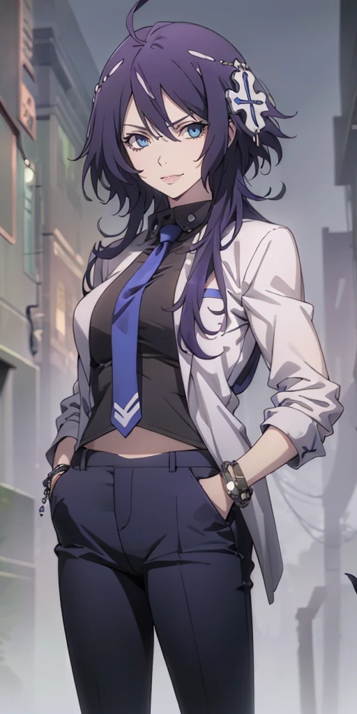MC, ahoge, (long hari, purple hair:1.3), hair ornament, dark-blue eyes, anatomically correct, heavy breathing, mature female, anatomically correct, best quality, masterpiece, high quality, high details, highres, HD, 1girl, solo, jewelry, necktie, pants, grey background, grin, bracelet, formal, (bokeh:1.3), hands in pockets, hollow eyes, bright pupils, dark-blue eyes, looking at viewer. glowing eyes heavy breathing, smirk, upper teeth, lips,