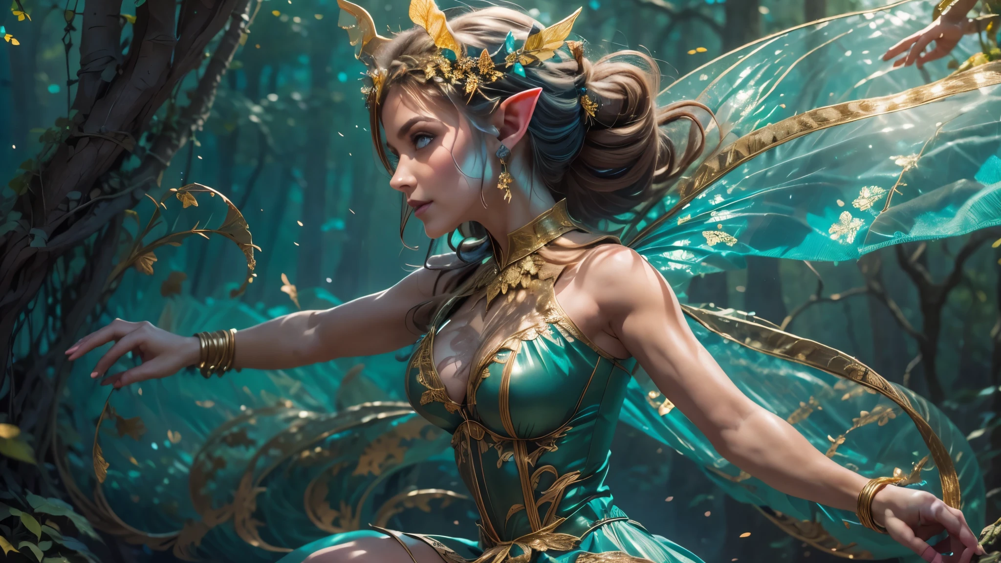 Beautiful faerie woman, elf ears, flying, hovering, floating, centered holographic dragonfly wings, balanced wings, glowing blue eyes, detailed realistic eyes, detailed proportional hand, manicured hands, four fingers on each hand, one thumb on each hand, detailed fingers, proportional fingers, painted fingernails, proportional legs, proportional arms, proportional body, firm breast, smiling, silk tutu, ballet pose, magic glitter, oak tree forest, frank Frazzetta painting style, (Best Quality:1.4), (Ultra-detailed), (extremely detailed CG unified 8k wallpaper), Highly detailed, RAW Photos, Professional Photography, plein air, Illumination, (Super fancy photos:1.4), (Dazzling light), Radiant Photography, depth of fields,