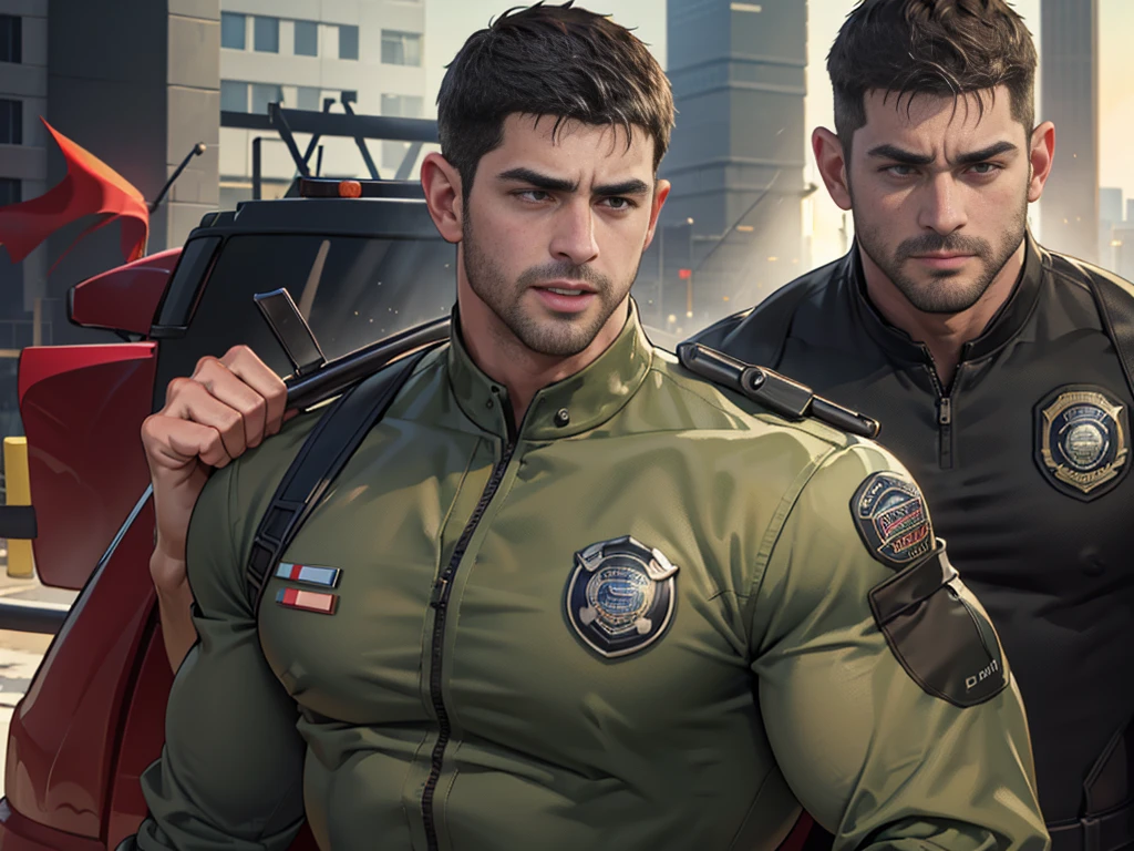 (Create a masterpiece: 1.2),(CGI art:1.3),(realistic:1.5),(After processing:1.3),(Sharp focus:1.3),1 man ,sunglass, straight, front ,Chris Redfield ,(black hair), smile open mouth, (Wear color olive green shirt with a Police badge: 1.2), olive green cargo, Korean guy , korean men, (High gloss details), chest muscles, large arm muscles, blood vessel, Big muscles, Broad shoulders, looking at the audience, Balancing the eyes, middle of the road,(Run and fight:1.6)