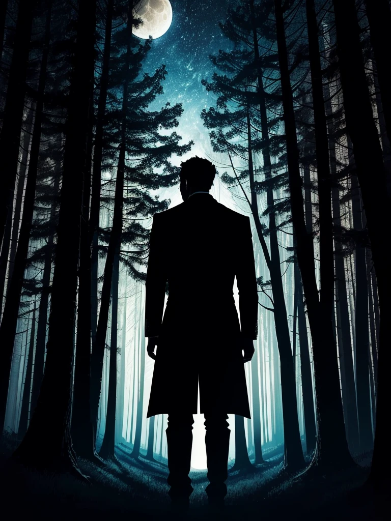 Silhouette art double exposure full moon bright light in the woods back view of tall man meticulous realistic details man back view detailed clear art abstraction details complex anatomy correct,Textured,Artistic masterpiece, illustration in art style ,A lifelike masterpiece (best quality)