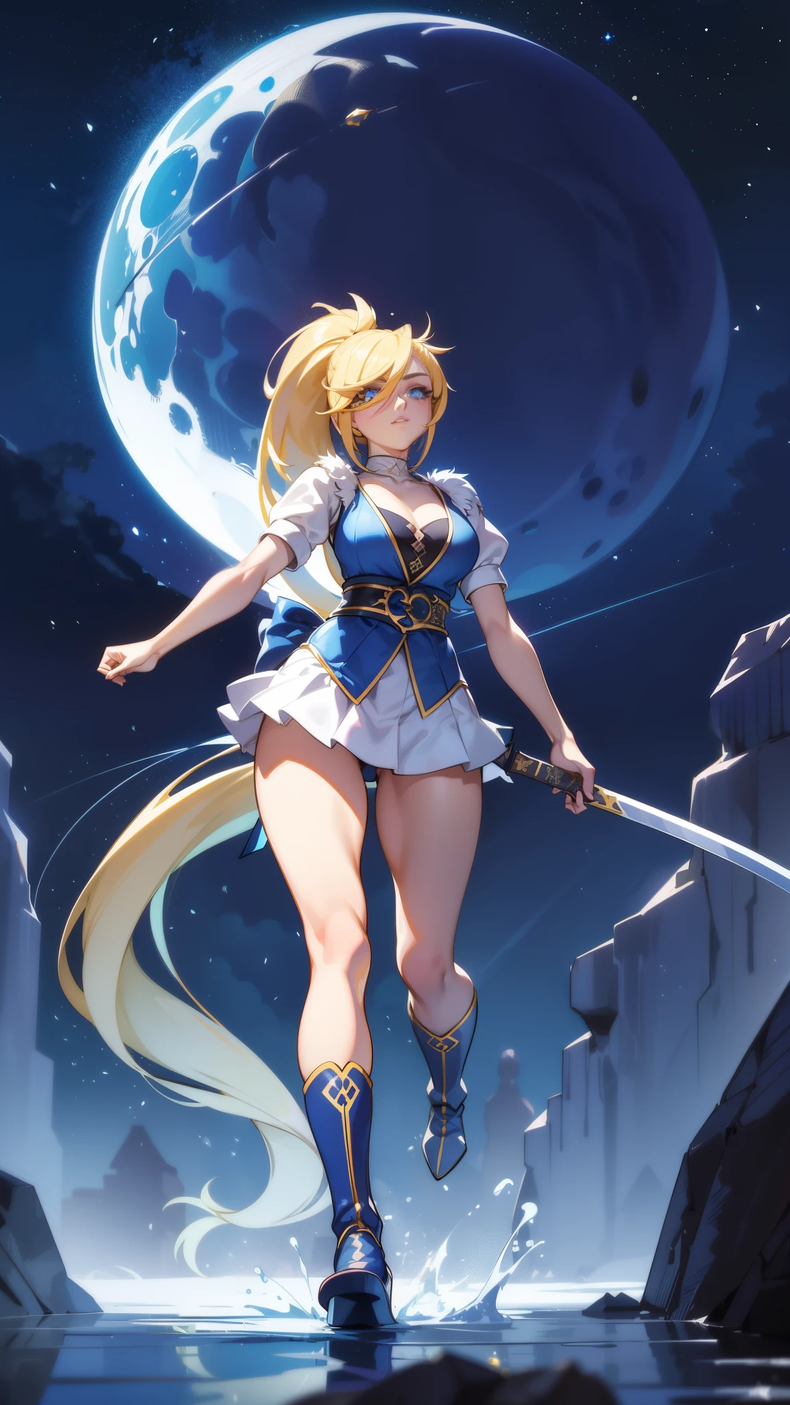 1 girl, ultra long hair, ultra detailed face, glowing lips, glowing blue eyes, very long ponytail, elegant walk, catwalk, holding down a giant katana, blonde, long eyelashes, long boots , looking to the sky, starry sky, a ultra giant katana