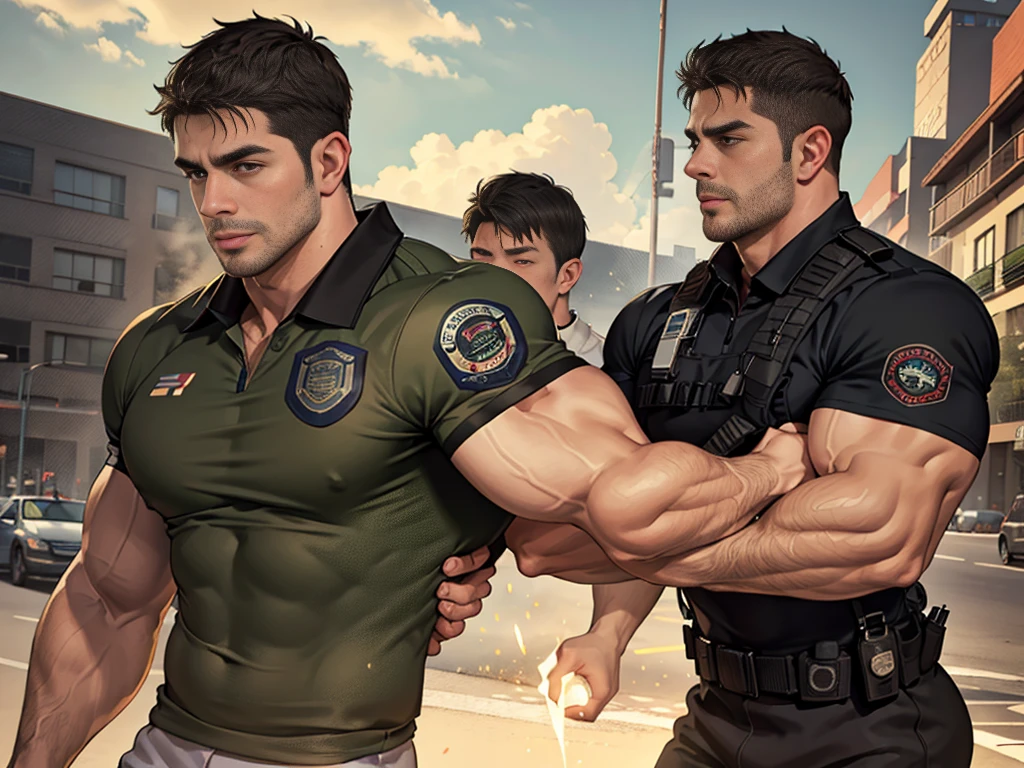 (Create a masterpiece: 1.2),(CGI art:1.3),(realistic:1.5),(After processing:1.3),(Sharp focus:1.3),1 man ,sunglass, straight, front ,Chris Redfield ,(black hair), smile open mouth, (Wear color olive green shirt with a Police badge: 1.2), olive green cargo, Korean guy , korean men, (High gloss details), chest muscles, large arm muscles, blood vessel, Big muscles, Broad shoulders, looking at the audience, Balancing the eyes, middle of the road,(Run and fight:1.6)