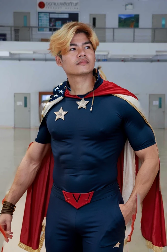 Homelander's costume heavily features American patriotic symbols, such as the stars and stripes, which underline his public persona as a hero embodying American values.
Color Scheme: The red, white, and blue color scheme is prominent, enhancing his image as the quintessential American superhero.
Armor-like Elements: His suit is designed to look almost like armor, suggesting strength and invulnerability, reflecting his superhuman abilities.
Cape and Eagle Motif: He sports a cape, often associated with traditional superheroes, and an eagle emblem on his shoulder, further reinforcing the American theme.
