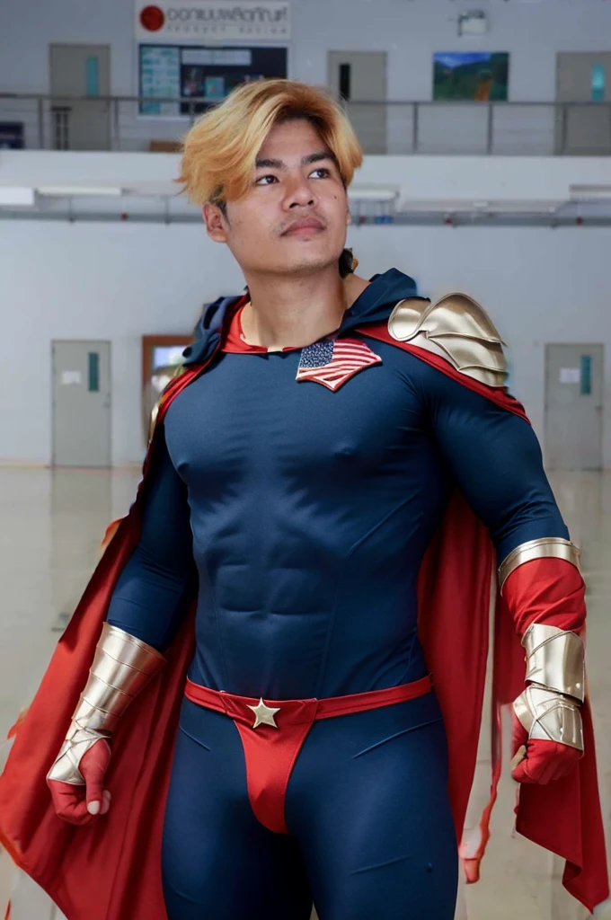 Homelander's costume heavily features American patriotic symbols, such as the stars and stripes, which underline his public persona as a hero embodying American values.
Color Scheme: The red, white, and blue color scheme is prominent, enhancing his image as the quintessential American superhero.
Armor-like Elements: His suit is designed to look almost like armor, suggesting strength and invulnerability, reflecting his superhuman abilities.
Cape and Eagle Motif: He sports a cape, often associated with traditional superheroes, and an eagle emblem on his shoulder, further reinforcing the American theme.
