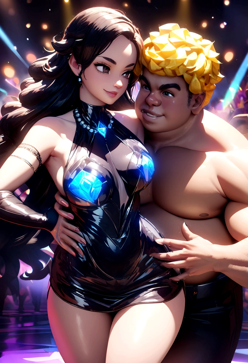 Hdr, masterpiece,4K, ray tracing, best quality, 1boy, 1girl, steven quartz universe, connie maheswaran, face to face,enamored couple, passionate sensuality, nightclub background, erotic dancing, couple focused, couple dancing together, highly-detailed animation, beautiful aesthetic, detailed smooth textures, motion lines, incredible absurdres, sharp gradients, deep highlights, unreal engine, incredibly detailed, dynamic lighting, carnality,
dynamic perspective, dynamism, brilliant shading, sensual shadowing, sensuous atmosphere, intricate fabric details, amazing skin, perfect hands, perfect, perfect eyes, steven quartz universe, age 23, fat man, handsome, wavy black hair, strongman waist, deep brown eyes, round face, urban masculine rave outfit, connie maheswaran, age 22, salacious rave girl, blue fire decal urban rave minidress, perfect square physique, beautiful detailed black eyes, flowing, shining, wavy black hair, toned, wide hips, firm chest, hypnotic hips, salaciously smiling, looking over shoulder